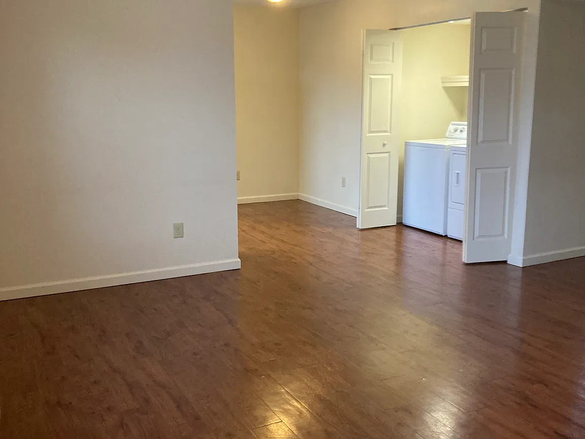 Open living area at 92 Reece Street with wood-look flooring and in-home laundry